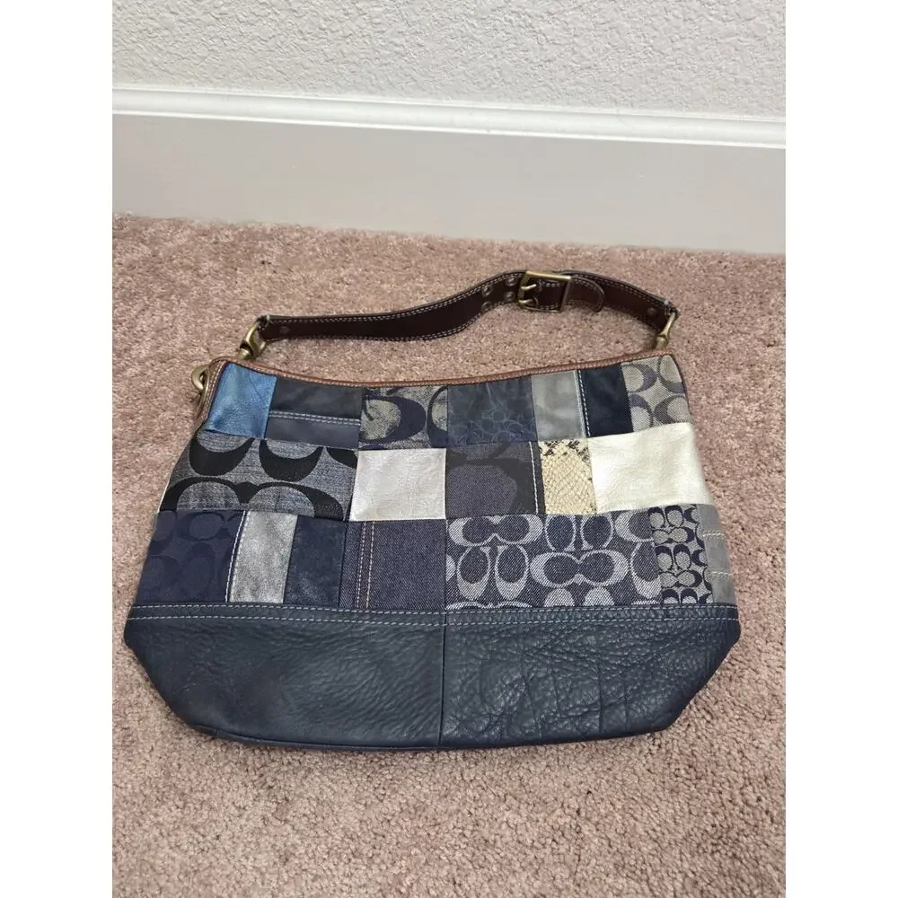 Coach Vintage B063-10003 Indigo Denim Blue Patchwork Leather Mixed Media Handbag